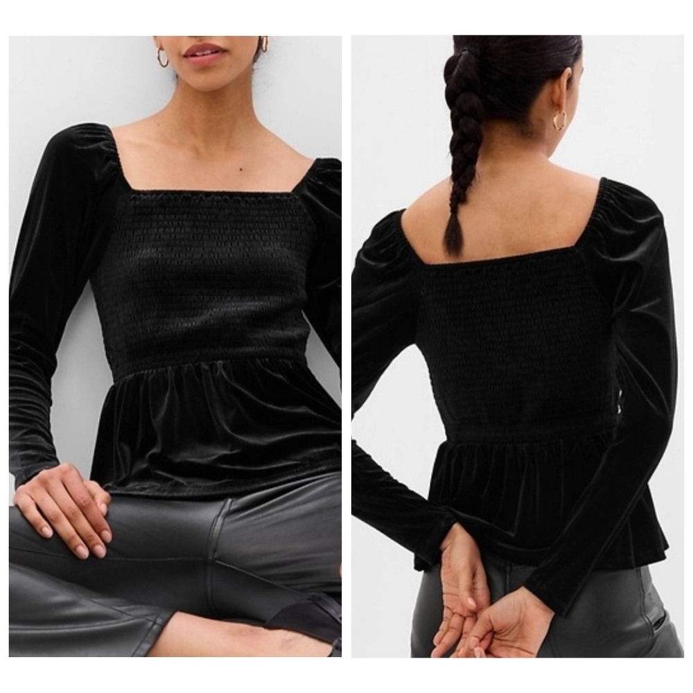 Gap Black Velvet Smocked Squareneck Peplum Blouse Size Medium NWT